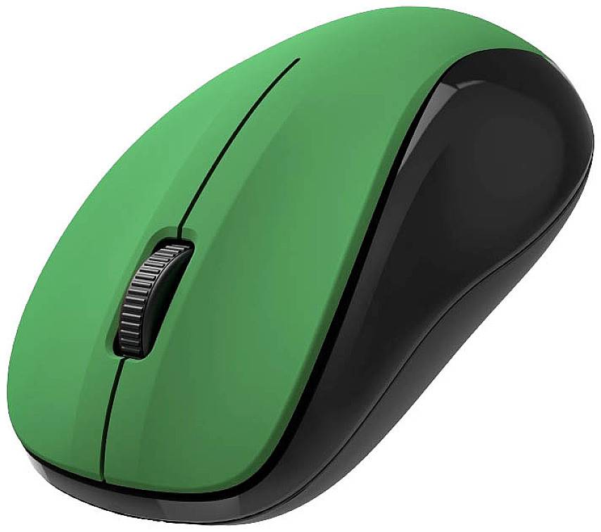 Green computer mouse with black side panel and scroll wheel, suitable for use with computers or laptops.