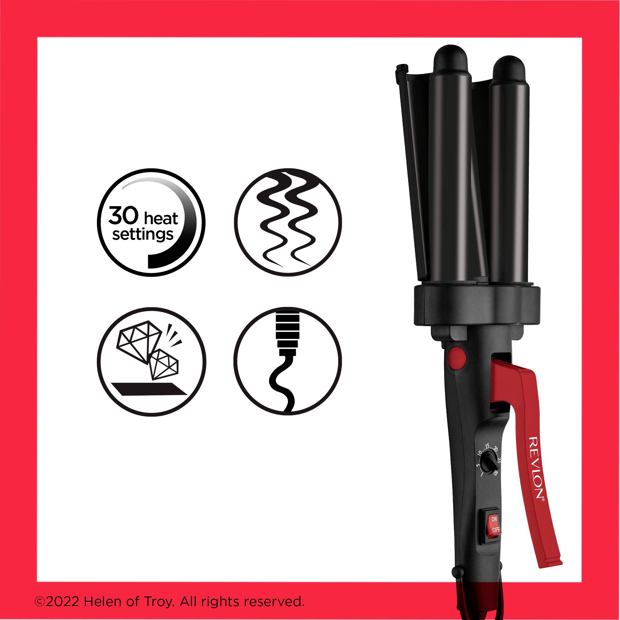 The image shows a Revlon curling wand with a triple-barrel cylinder. Symbols indicate 30 heat settings, curl patterns, and a rotating cord.