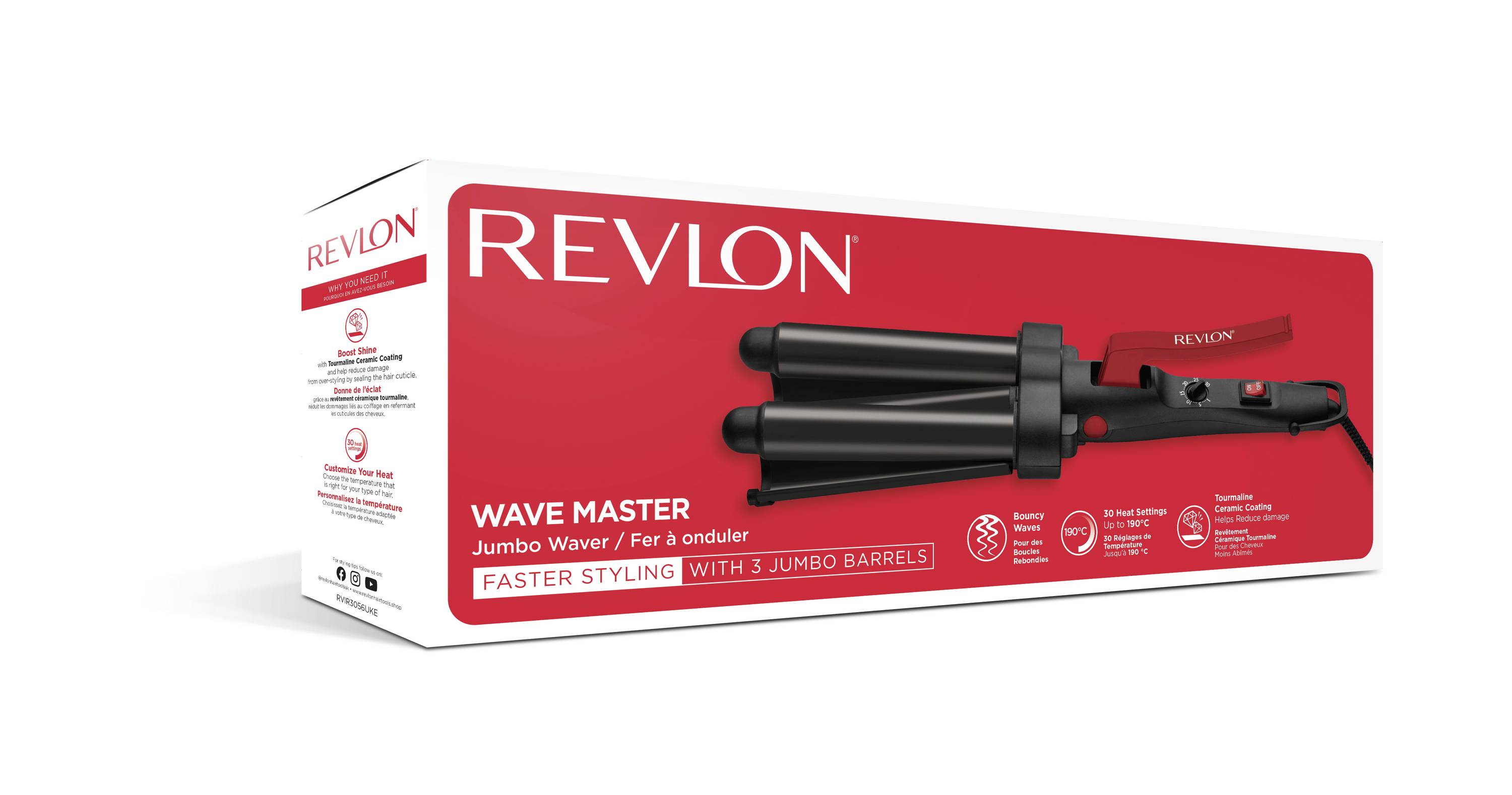 The packaging of a Revlon 'Wave Master' curling wand with 3 large heating rods and a red design for quick styling is shown.