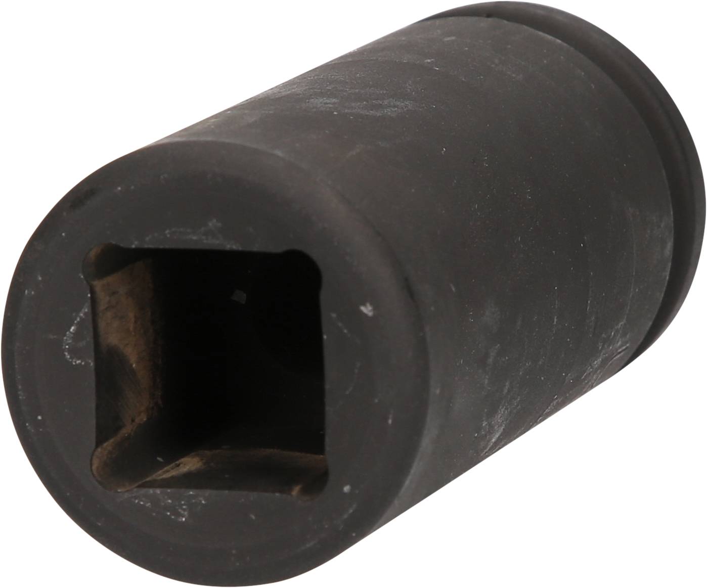 A black, cylindrical socket with a square opening, likely a tool attachment for ratchets or spanners.