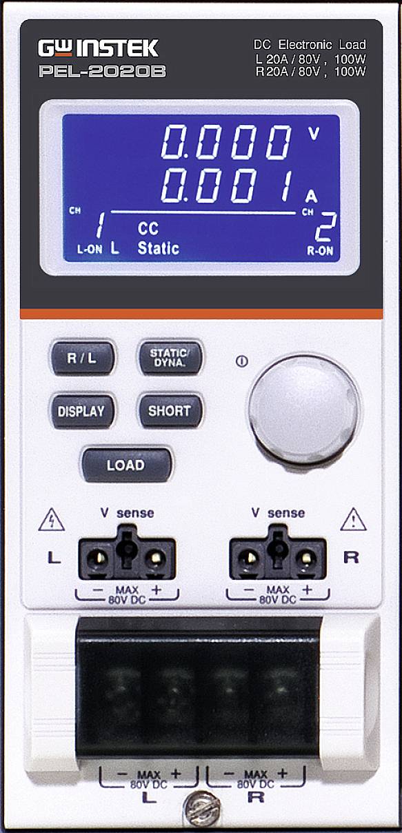 Electronic load display with digital readout. Shows voltage and current measurement values. Multiple control elements and connections at the bottom.