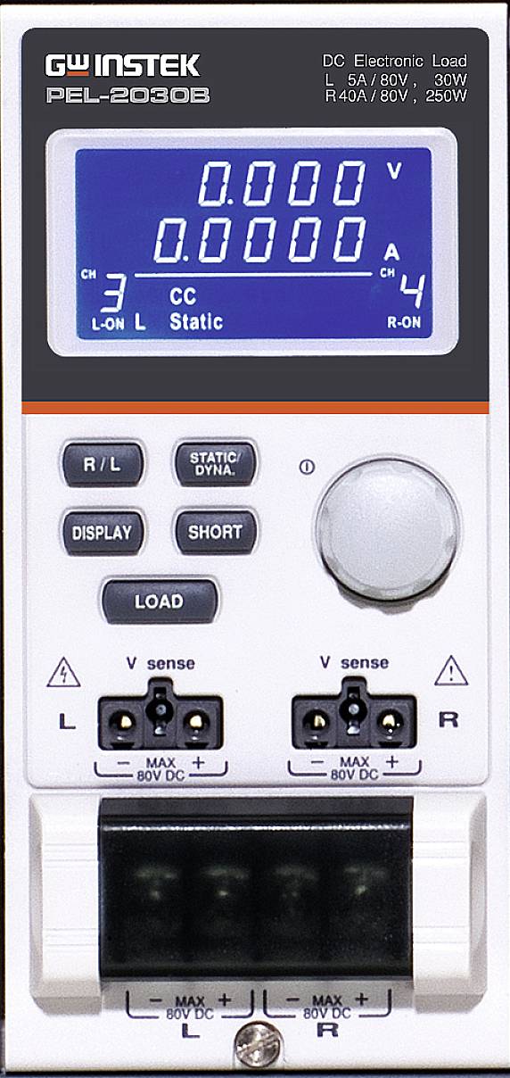 An electronic load device with a display showing measurement values. Buttons and connections are visible at the bottom for control.