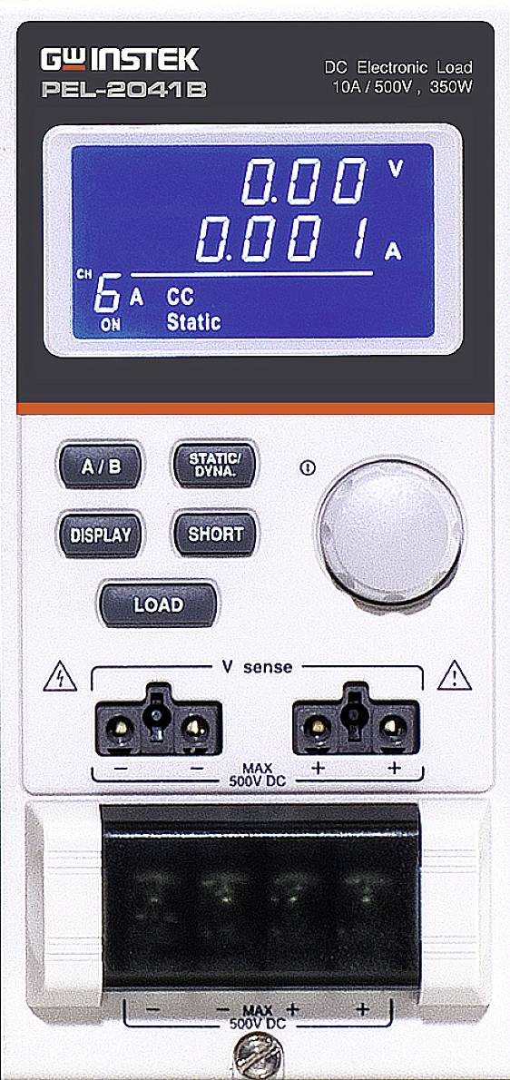 Electronic load device with display showing '0.00V' and '0.001A'. Limited to 10A/500V/350W. Various control elements and connections visible.