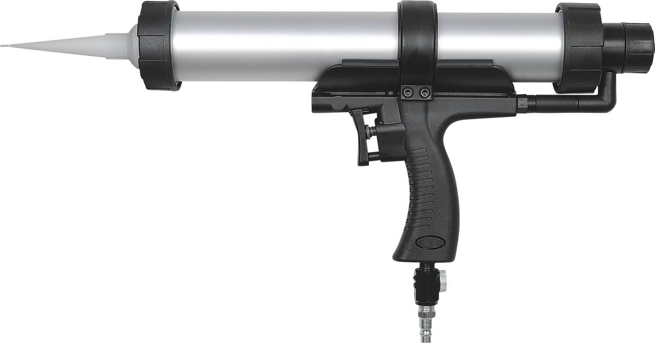 A pneumatic cartridge gun with an ergonomic handle and long nozzle, suitable for precise application of sealing materials.