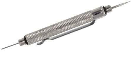 A silver watch tool with a knurled handle and two interchangeable tips at the ends, lies horizontally.