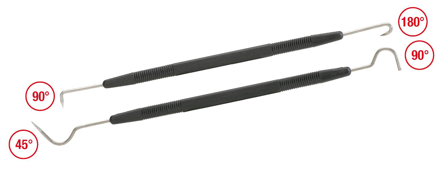Two black tools with hooks at both ends, each equipped with angles of 45°, 90° and 180°, depicted against a white background.
