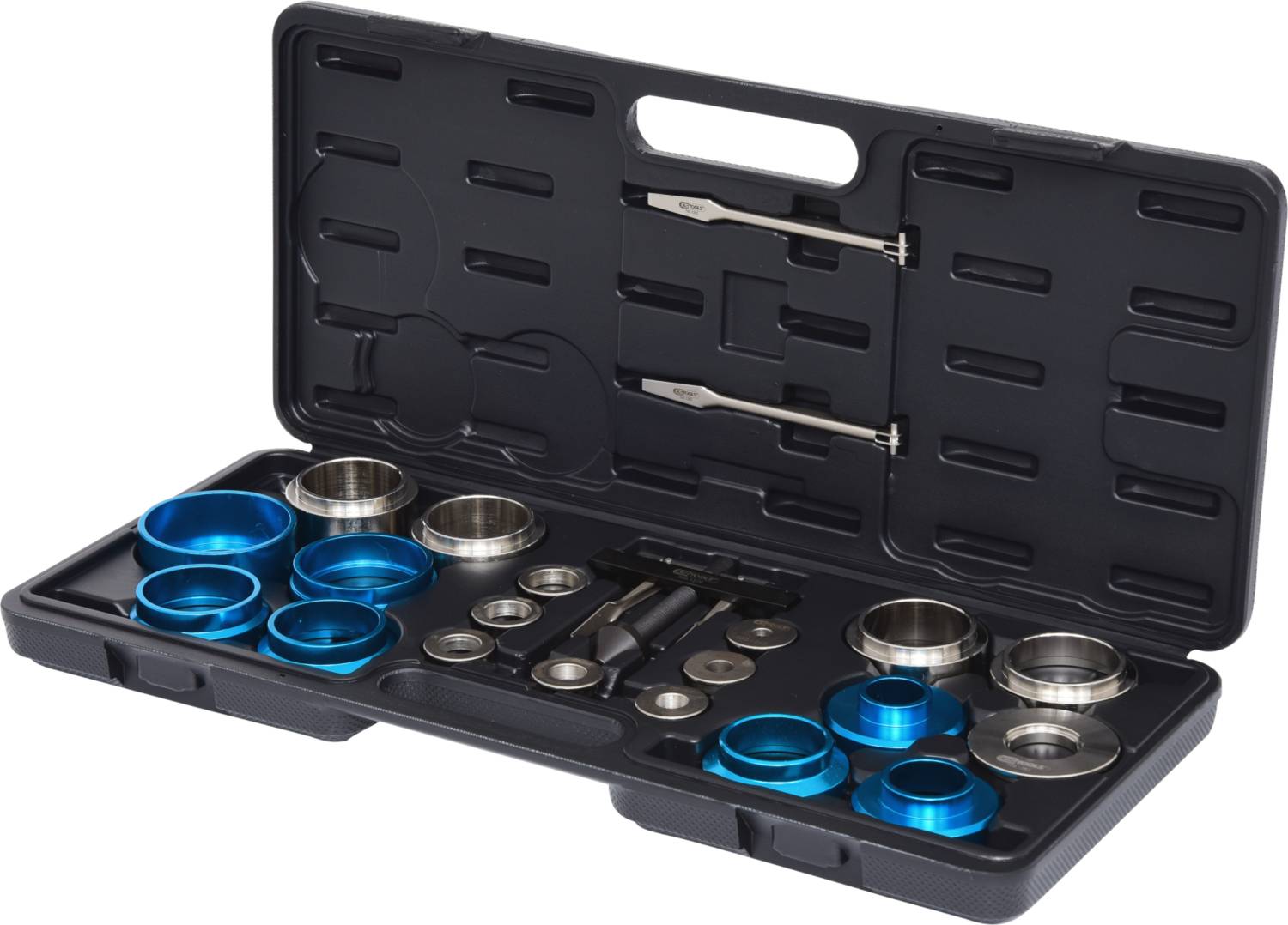 An open toolbox containing various sized blue and silver rings along with two handle inserts.