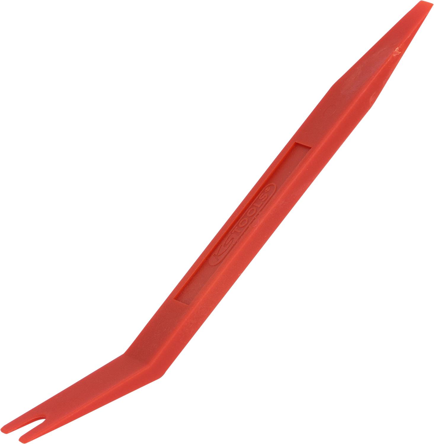 A red plastic tyre lever for removing bicycle tyres.