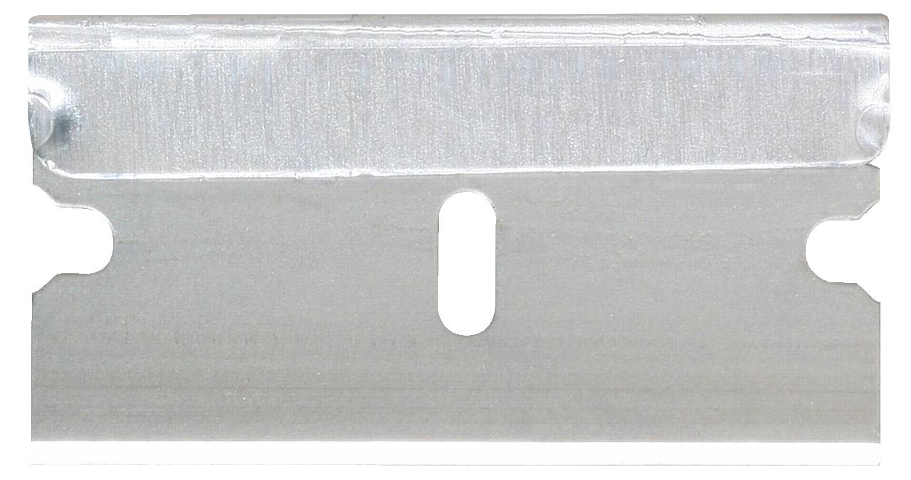 A single, silver metal razor blade with a central cut-out, lies flat on a white surface.