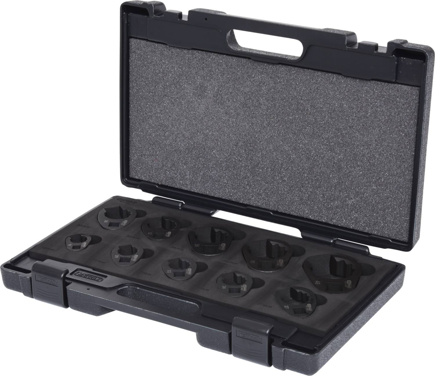 A black plastic case with a moulded foam insert containing several circular tool recesses for spanners.