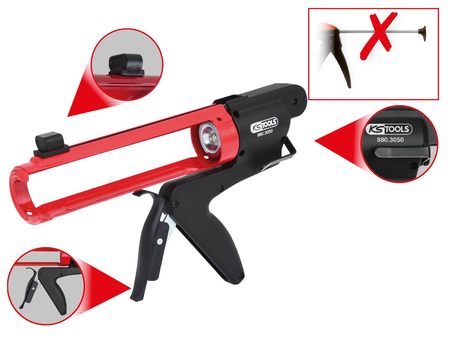 Cartridge press by KS Tools in red and black, design for easy sealing; a nozzle and the model '980.3050' are highlighted.