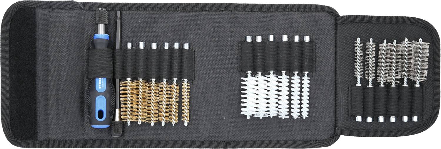 A set of cleaning brushes and tools for rifles in an open case, with various brush types and handles on both sides.