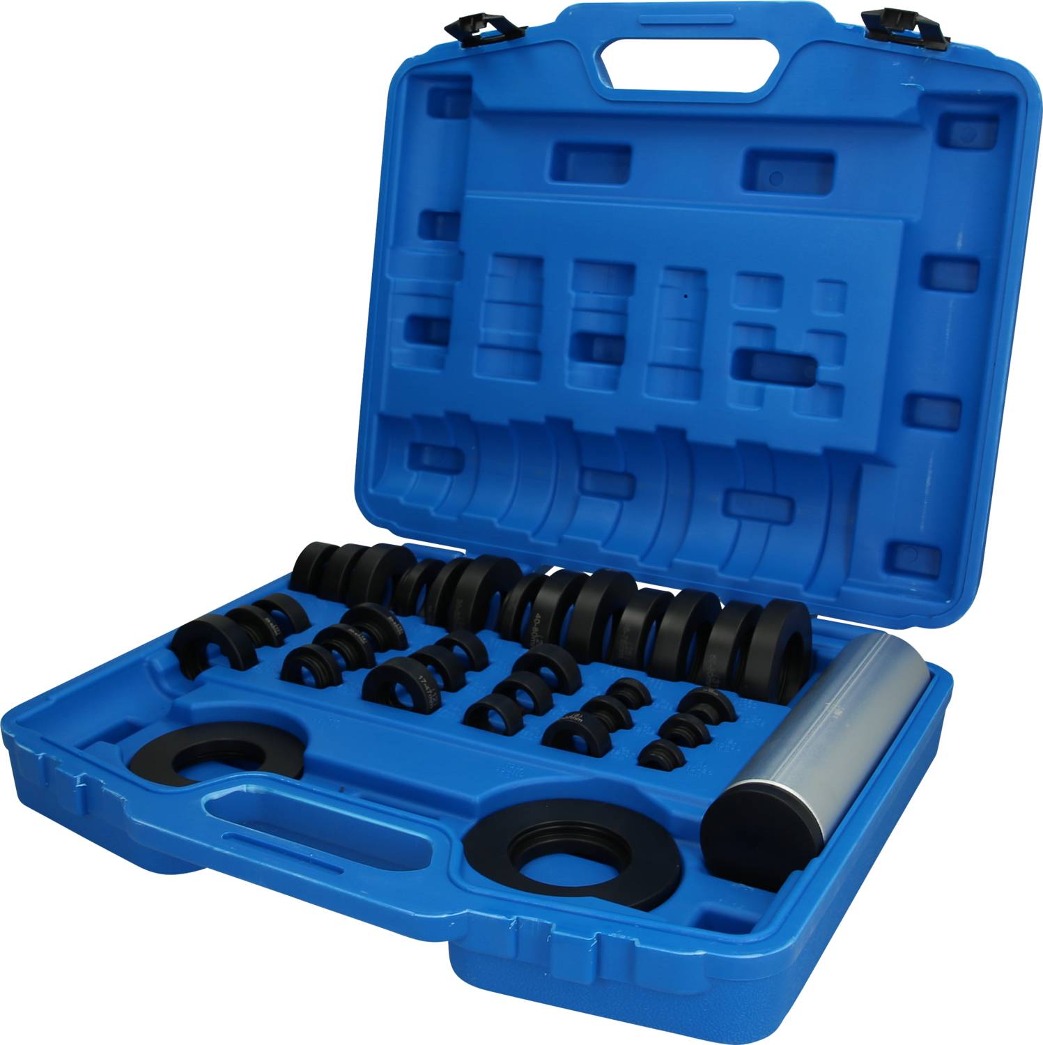 A blue toolbox with various black metal components and inserts in different shapes and sizes.