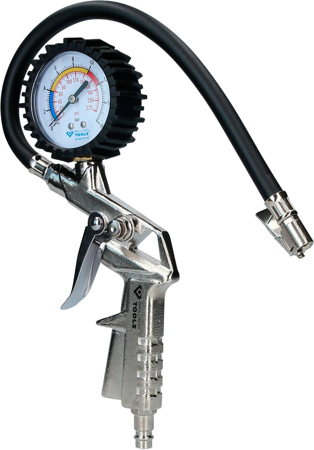 Air pressure measuring device with manometer and flexible hose, silver. Displays measurements in bar and psi.