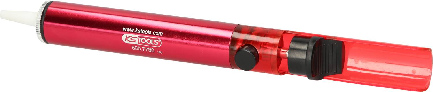 Red Solder Desoldering Pump by KS Tools, Model 503.7700, with Push Button and Suction Nozzle, for Removing Solder.