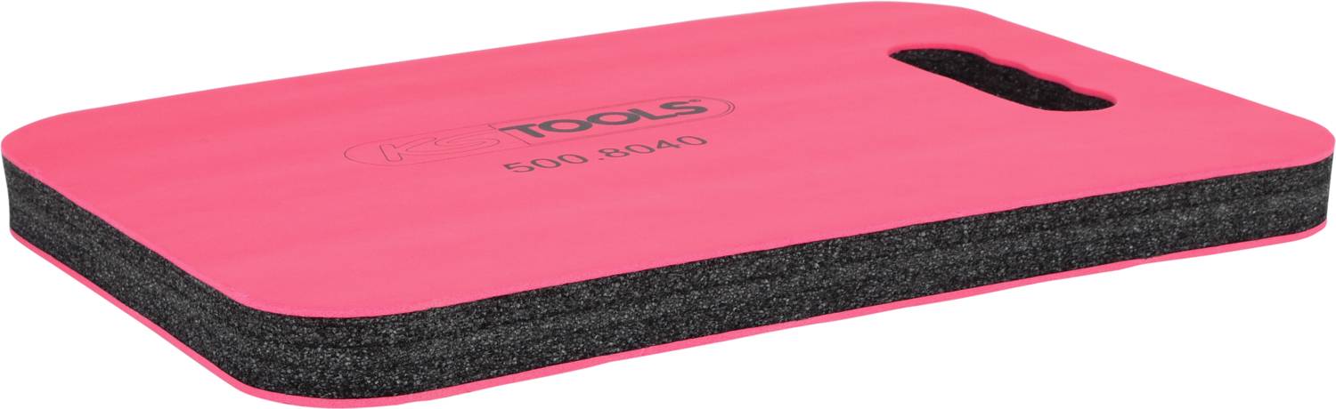 A pink knee cushion with a black underside and carry handle, perfect for gardening or DIY tasks.