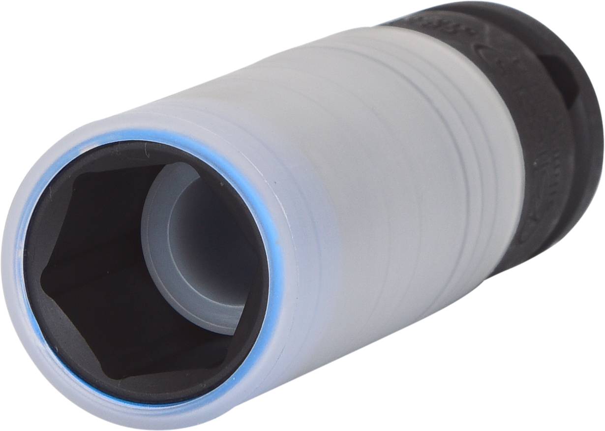 A white protective cover for a wheel nut, suitable for protecting alloy wheels during tyre changing.