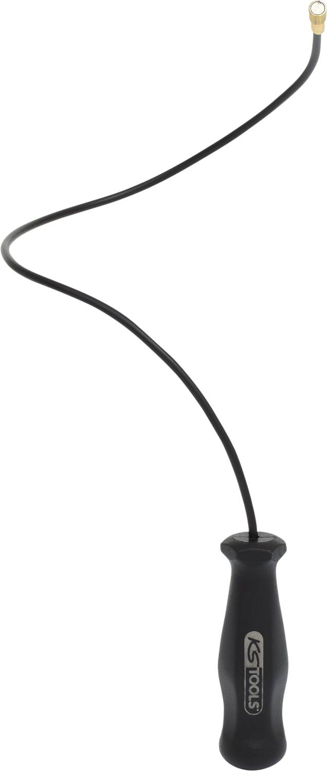 A black, flexible magnetic hose with an ergonomic handle, used for gripping or holding small metal parts.