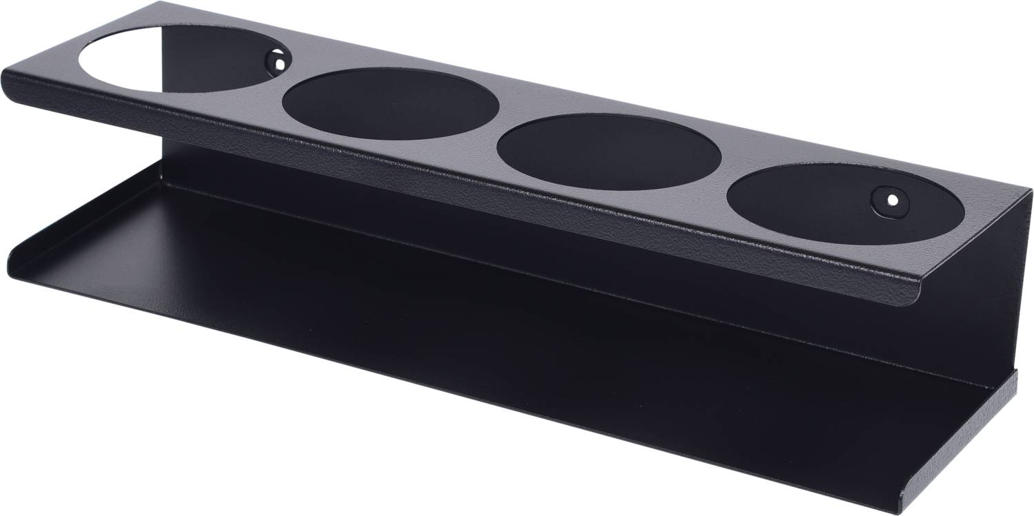Metal tray with four circular recesses for holding objects, suitable for industrial or commercial use.