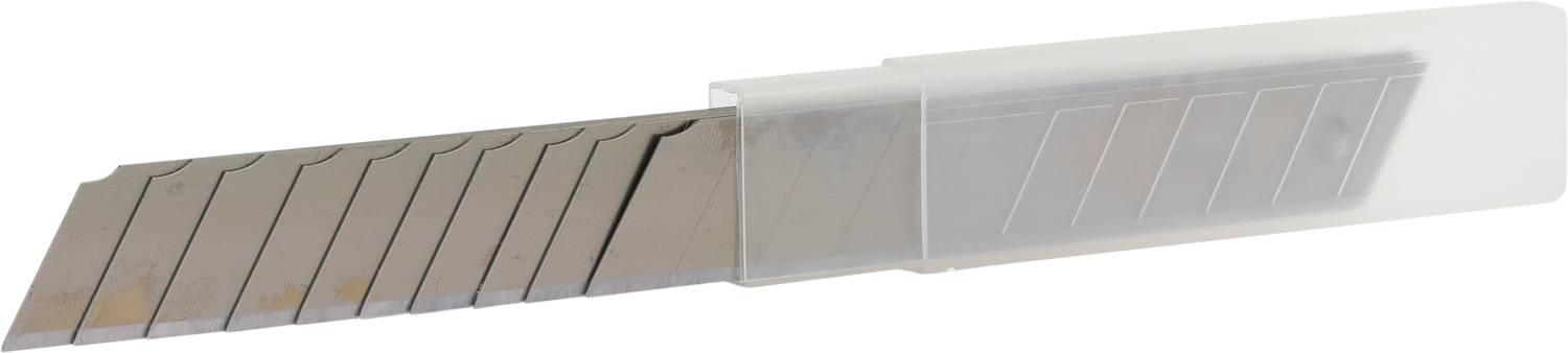 Replacement blades in a plastic case. The blades are staggered and made of metal, suitable for knives or cutting tools.