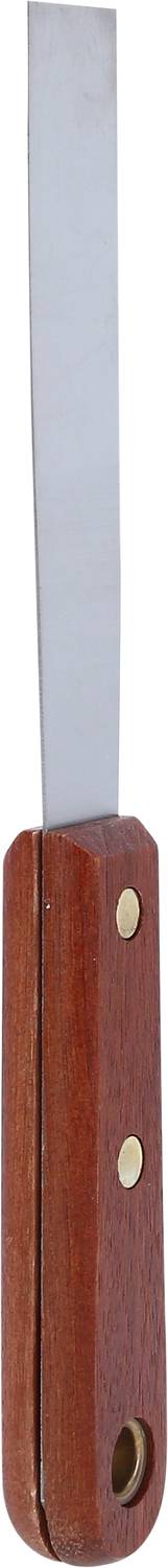 A tool with a flat, narrow metal blade and a wooden-coloured handle, used for specialised cutting work.
