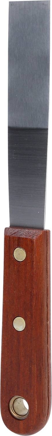 A wooden-handled scraper with a metallic, bevelled blade for paint removal or plastering work.