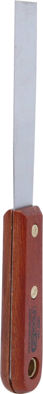 A tool with a wooden handle and a long, thin metal blade. Most likely used for cutting or scraping.