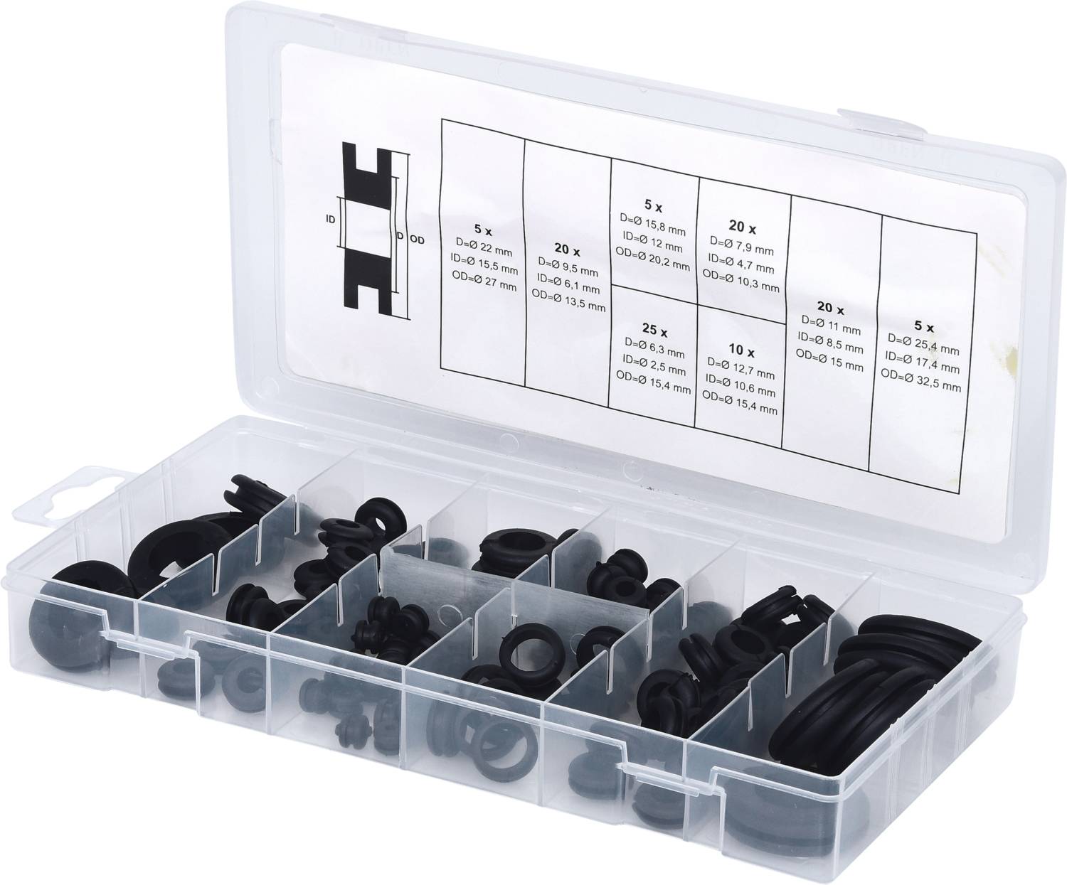 A transparent box with compartments, filled with various sealing rings. A size chart is depicted on the inside of the lid.