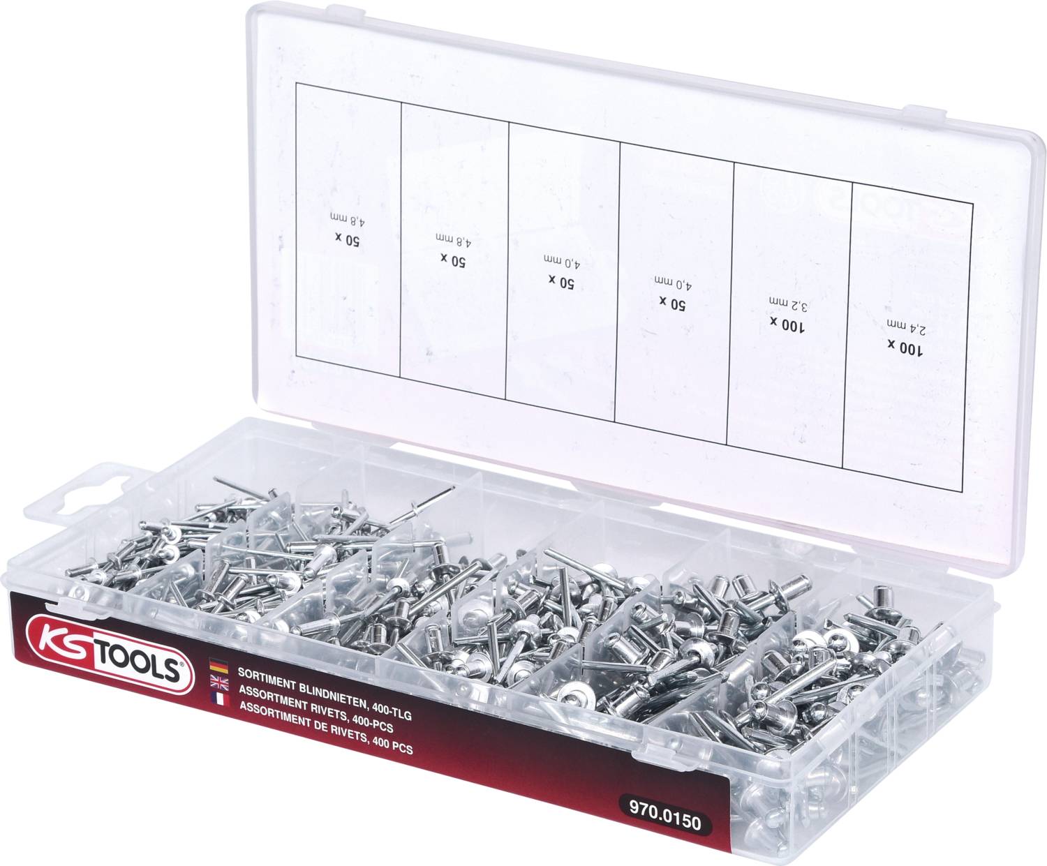 An open box with various assortments of bolts and nuts, sorted by size into five compartments.