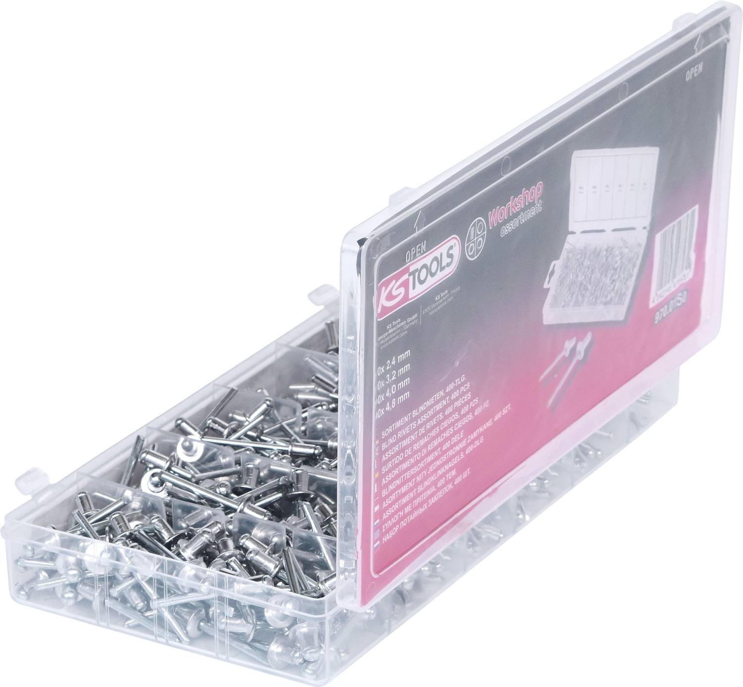 Open plastic box with metal screws of various sizes.
