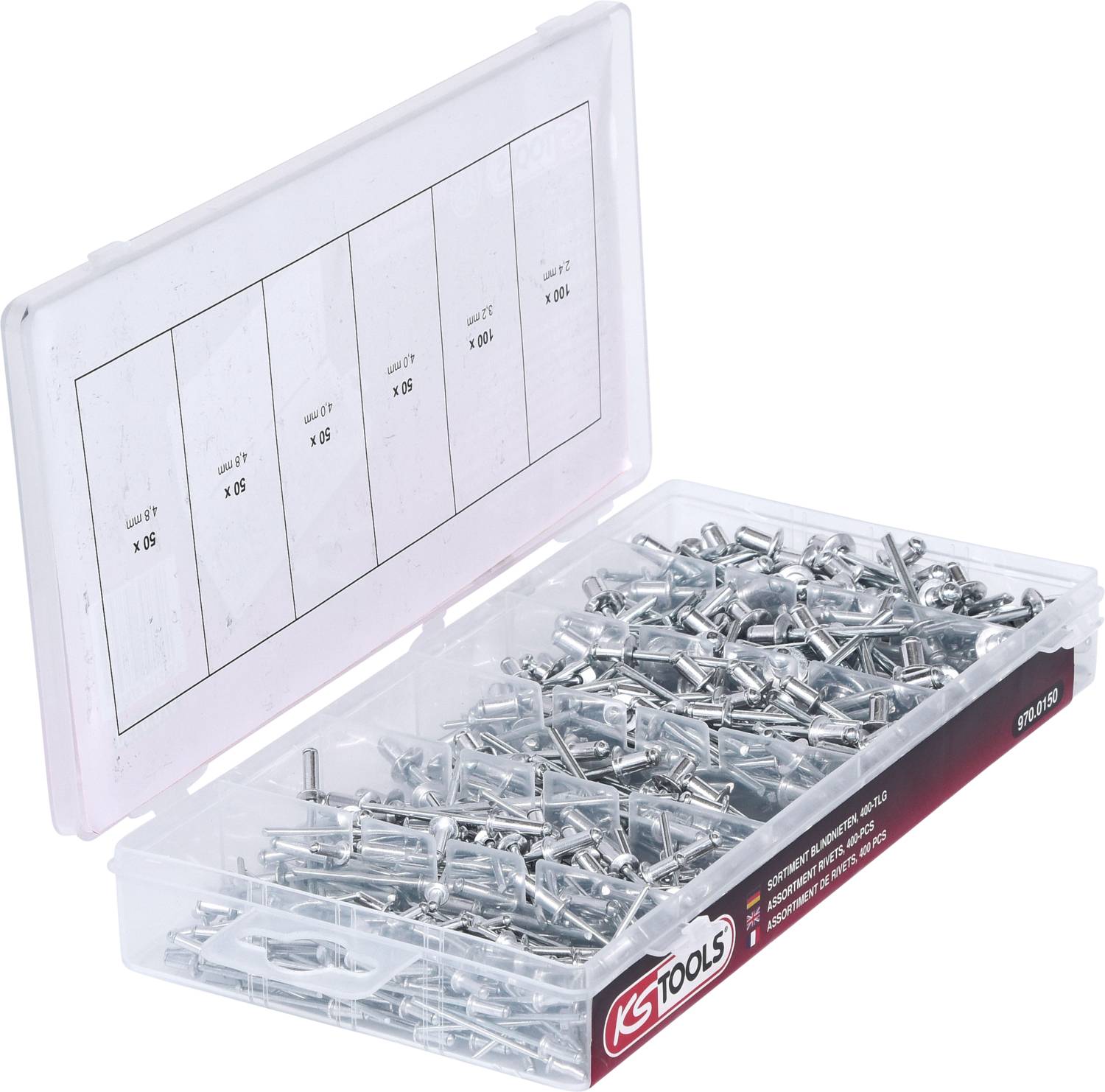 Plastic storage box with various screws in compartments. Printed labels help identify screw sizes.