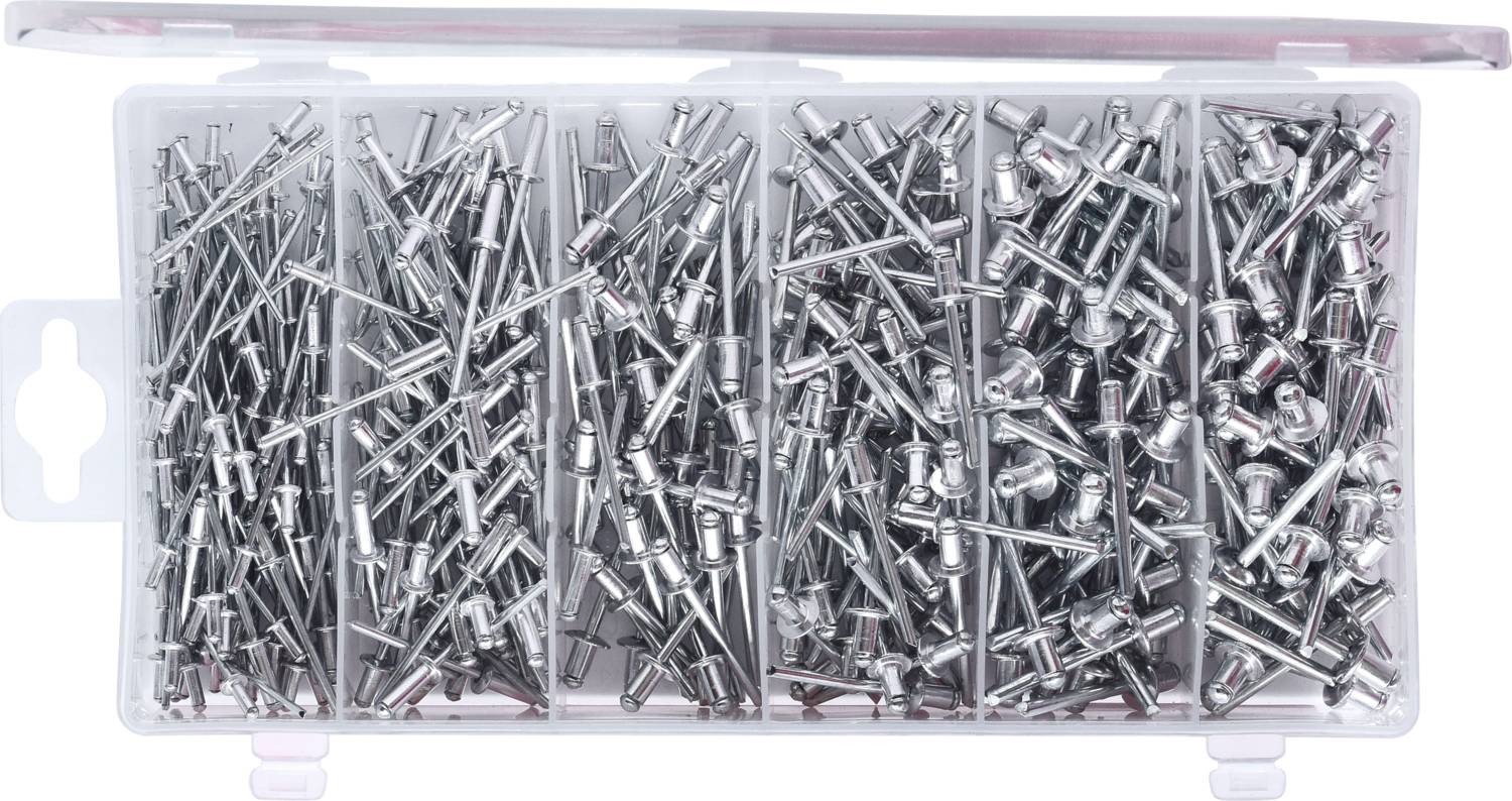 Sorted box with silver blind rivets in various sizes. Ideal for fastening work. Five separate compartments for organisation.