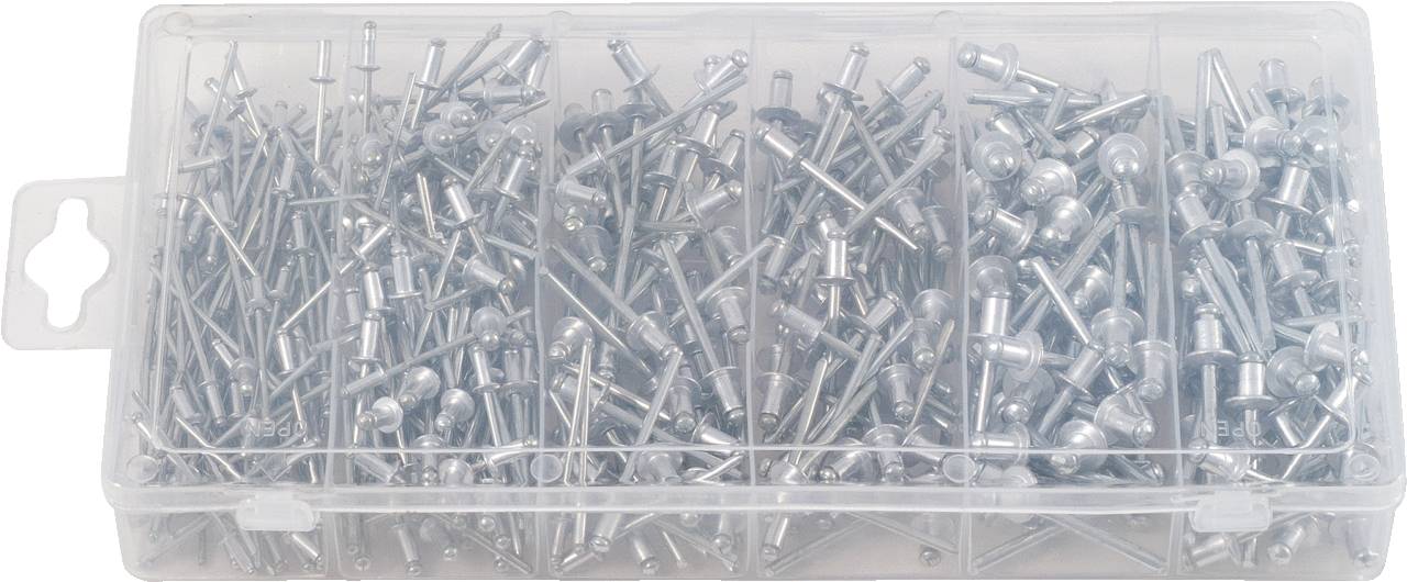 A plastic storage box with compartments, filled with various sizes of silver pop rivets.