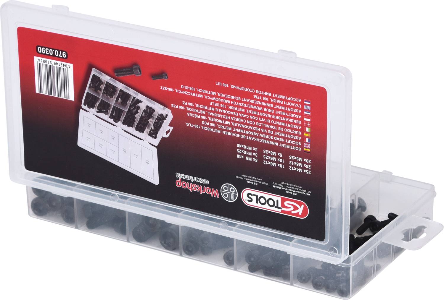 A transparent plastic box with multiple compartments containing various black screws. The label reads 'Kstools'.