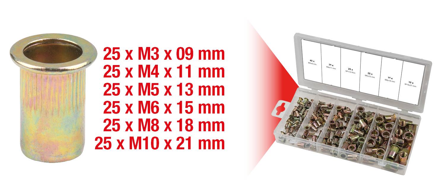 KS Tools 970.0610 Assortment of thread rivets, steel, M3x9mm-M10x21mm, 150-piece