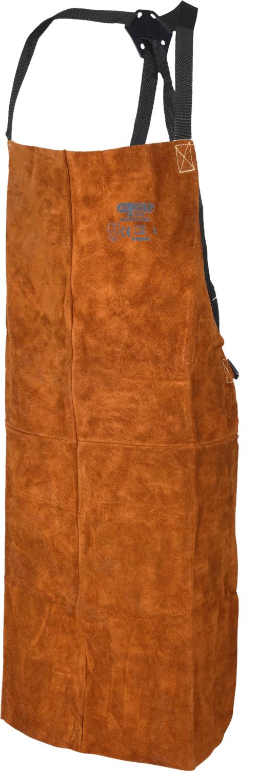 A brown leather apron with a black neck strap and an embroidery at the top. Suitable for craft or culinary activities.