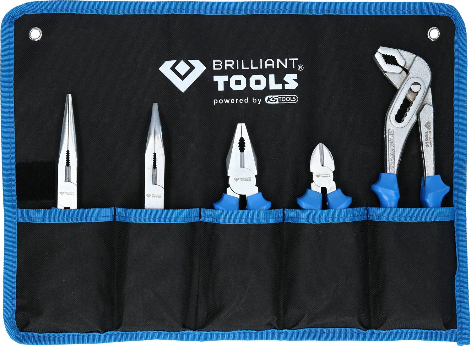 A set of five blue hand tools in a black tool bag. Includes pliers and adjustable spanners.
