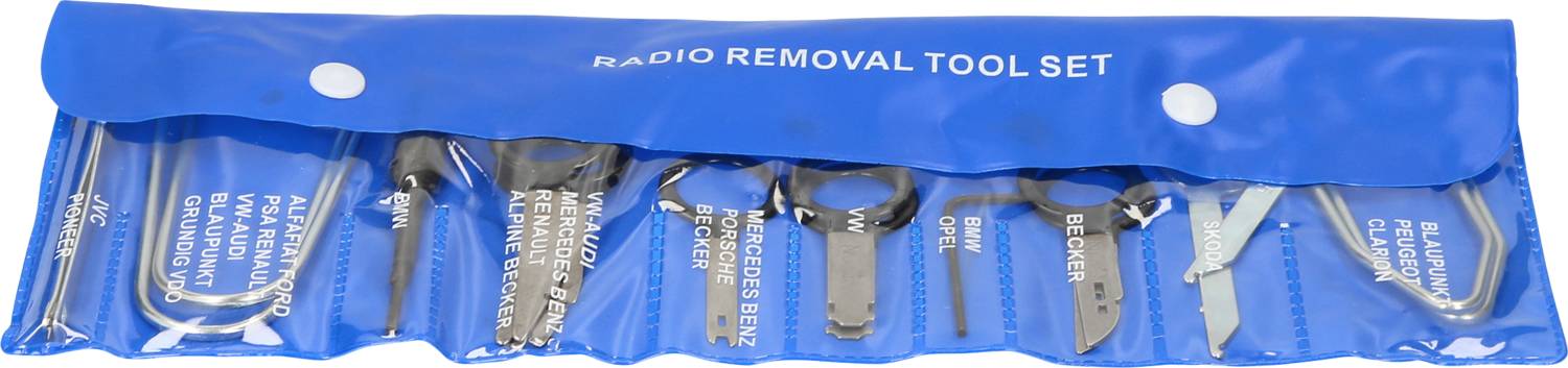 Set of radio removal tools in a blue case, containing various hooks and keys, suitable for multiple car brands.
