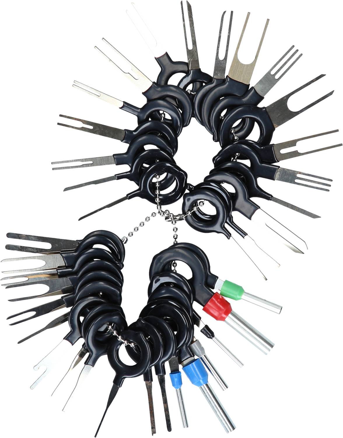 A set of measuring tools with various metal tips and handles attached to a small chain.
