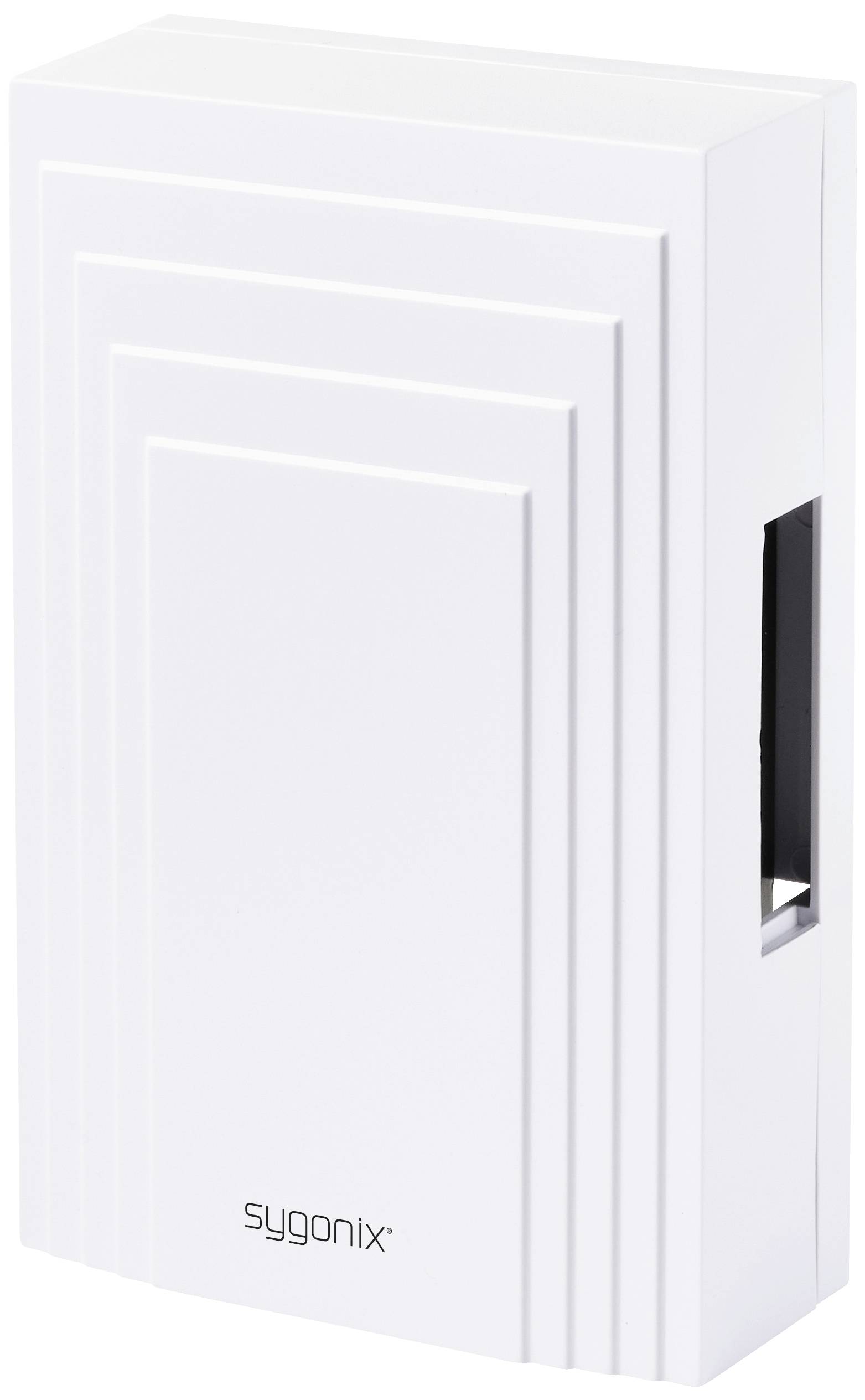 A white Sygonix air quality monitor with a modern, rectangular shape. Device for measuring indoor air quality.