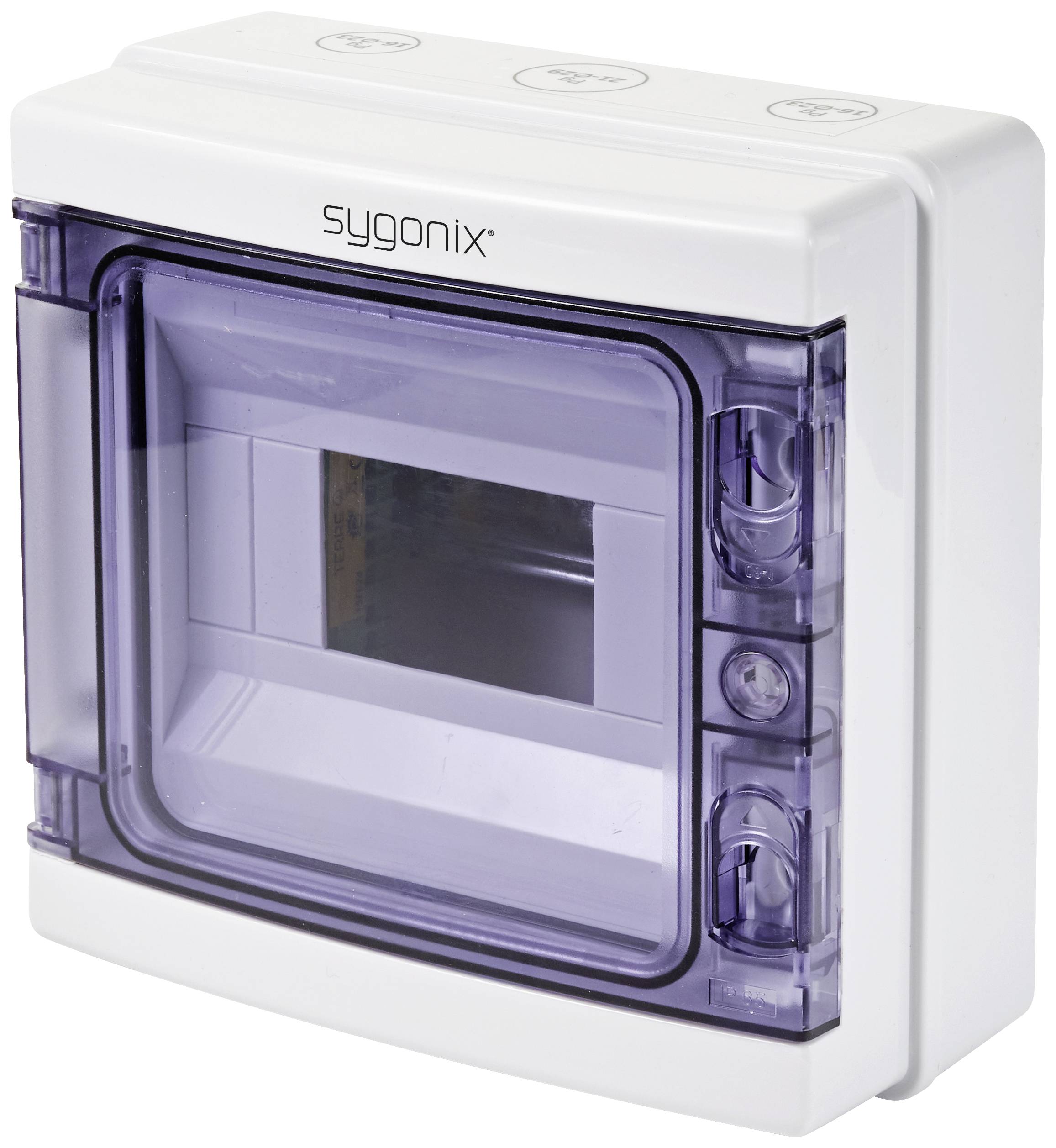 White plastic box with a transparent lid. It contains a recess for electrical components. 'sygonix' is printed on the top.