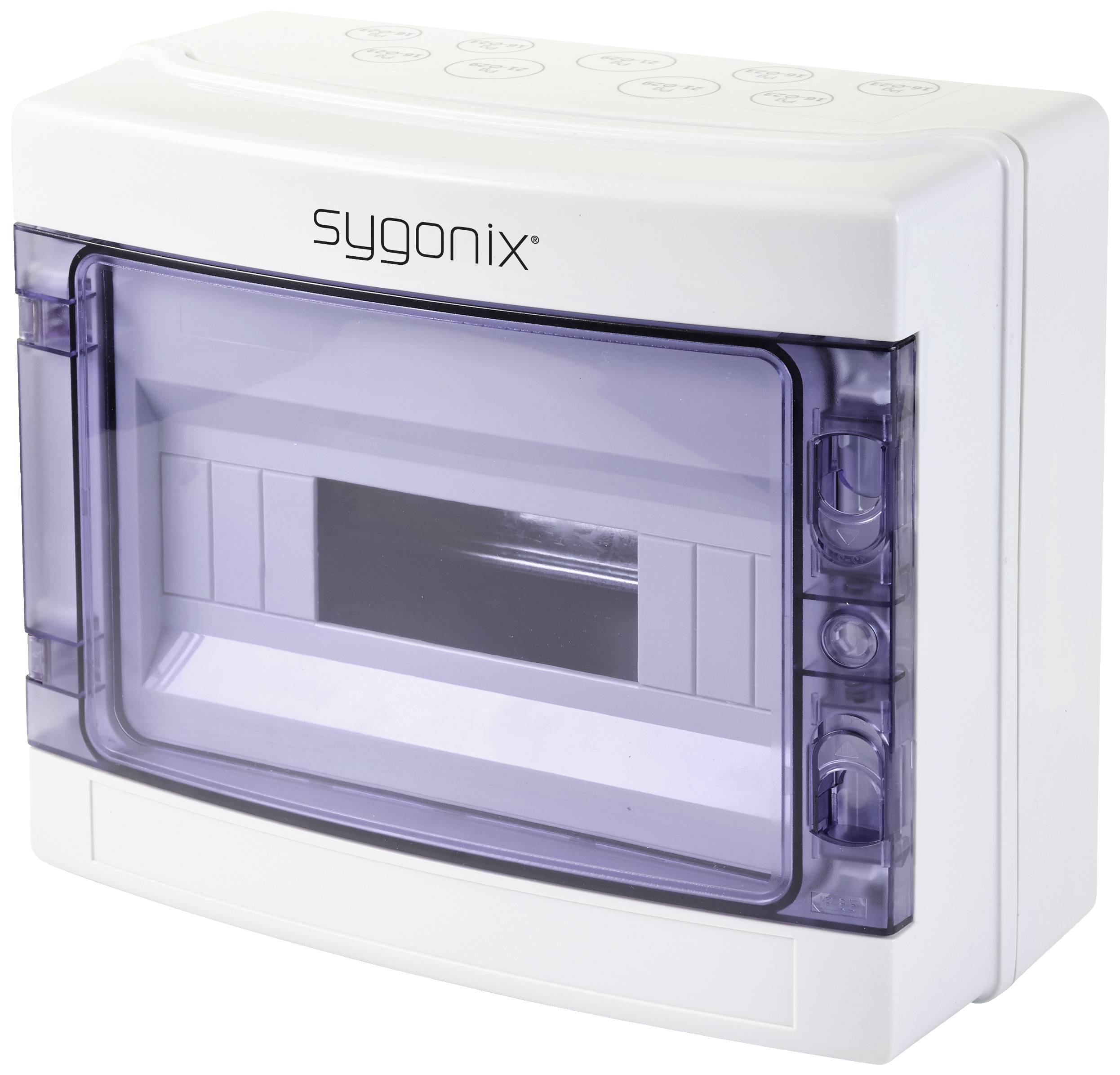Sygonix electrical enclosure in white, with a transparent lid, designed to protect electronic components.