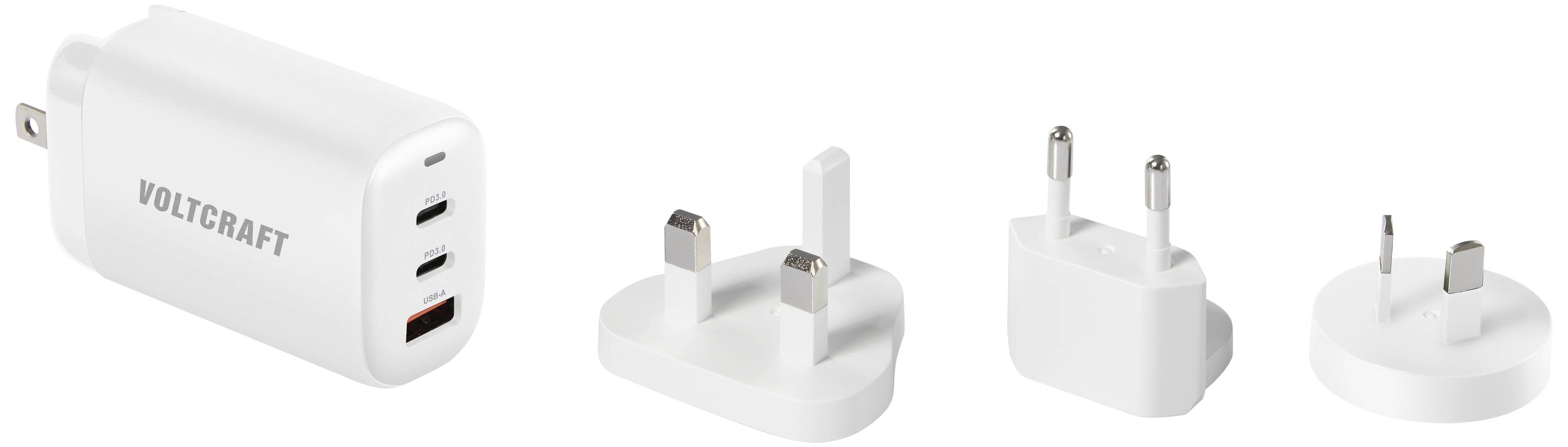 A white charger with three USB ports and four socket adapters for different international plug types.