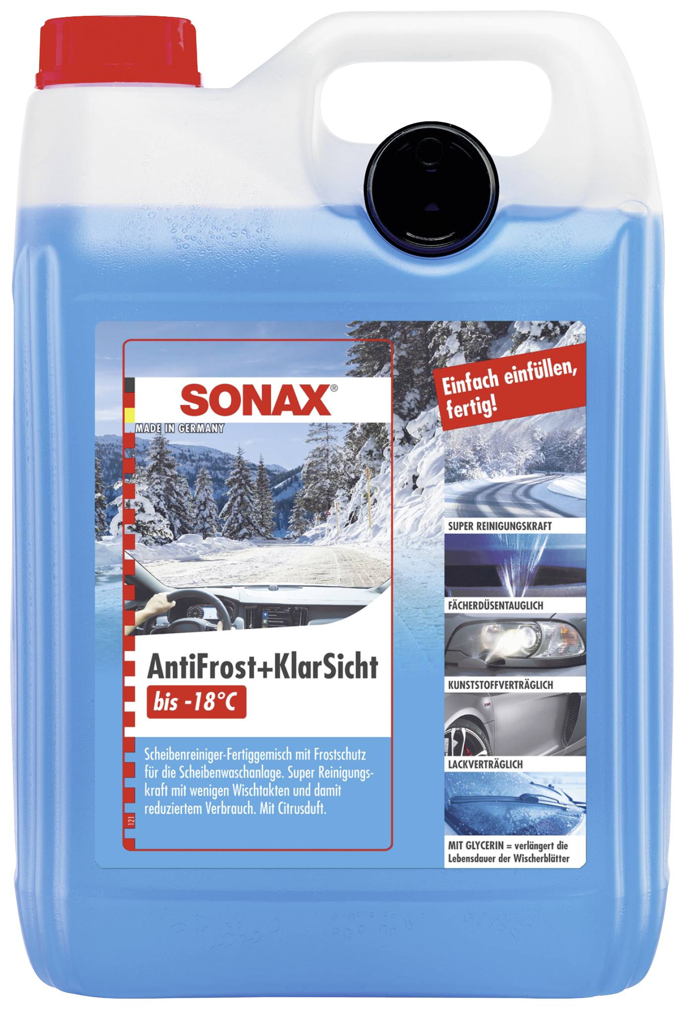 Container of Sonax Anti-Freeze + Windscreen Cleaner up to -18°C. Contains screen wash for clear visibility in winter. Easy to use: pour in and ready to go.