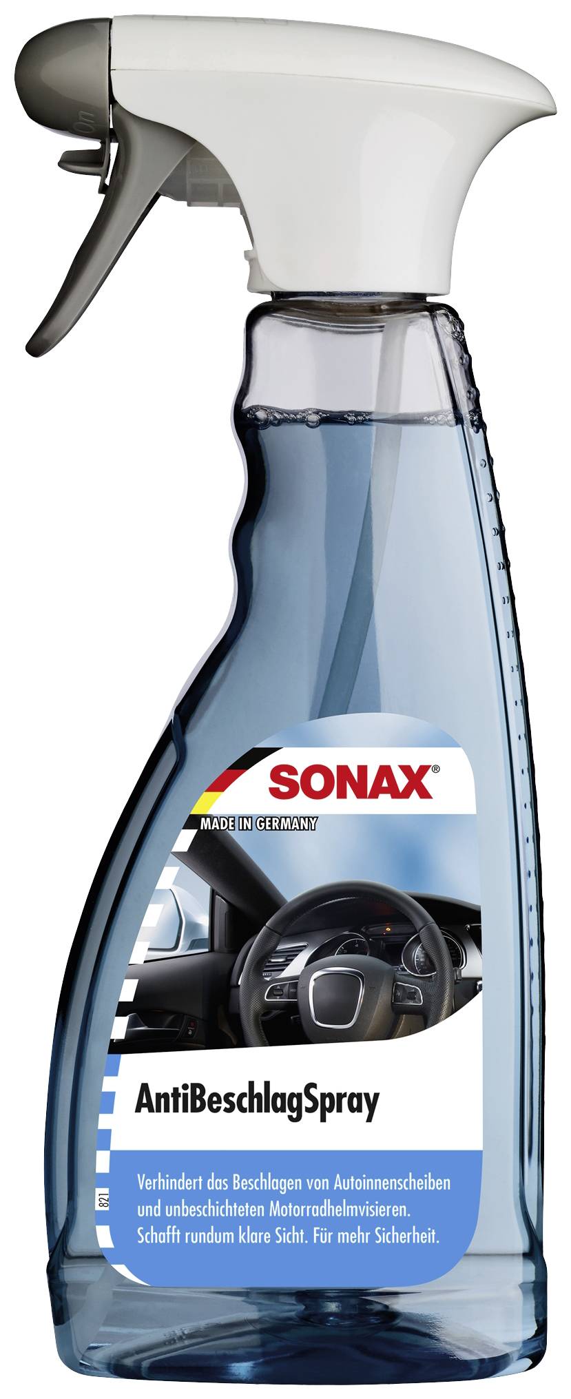 Spray bottle of an anti-mist spray by the brand SONAX. The label depicts a car interior and a steering wheel.