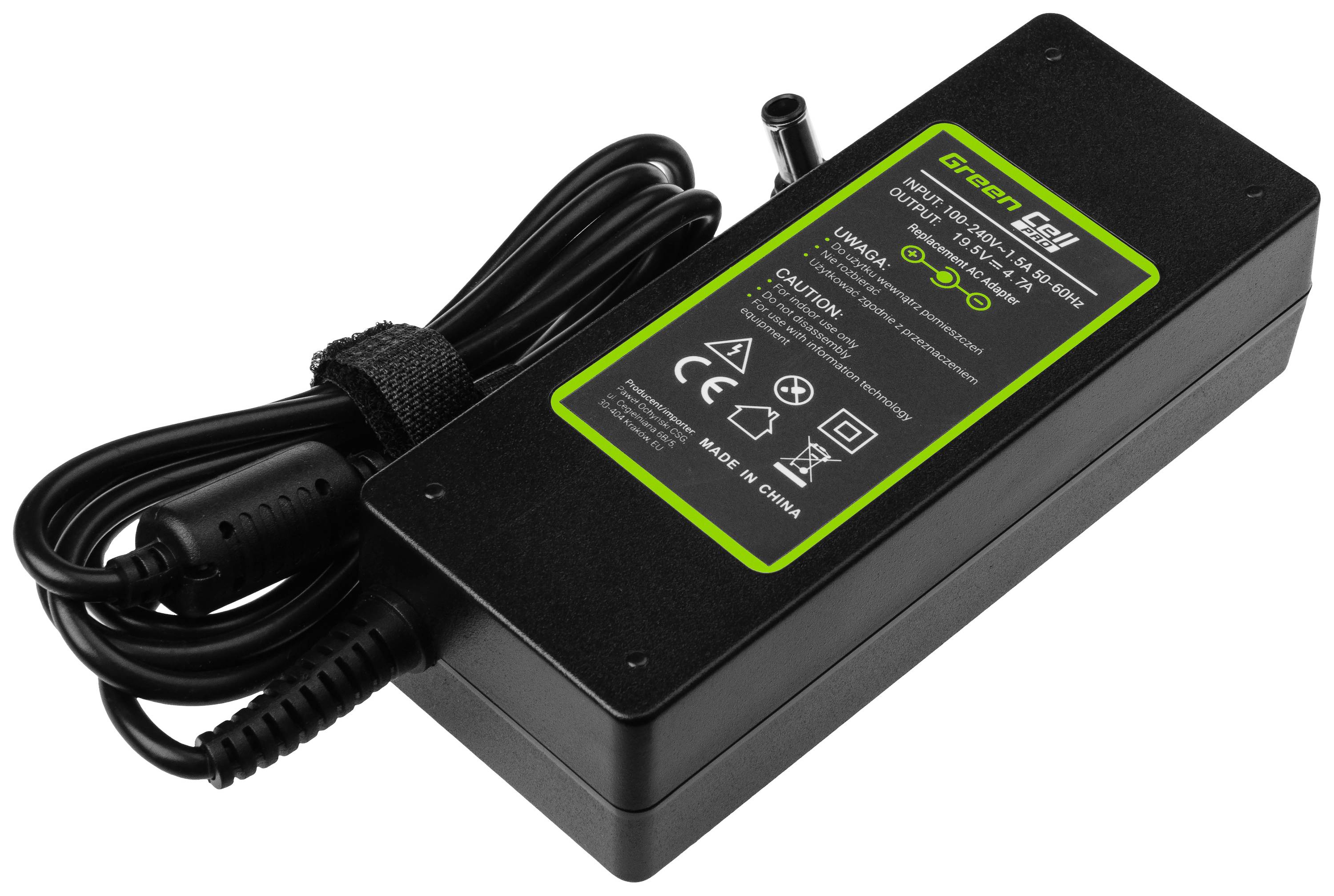 A black power supply with a green label, specifications 'Output: 19V, 4.74A', multiple symbols and a 'Made in China' indication.