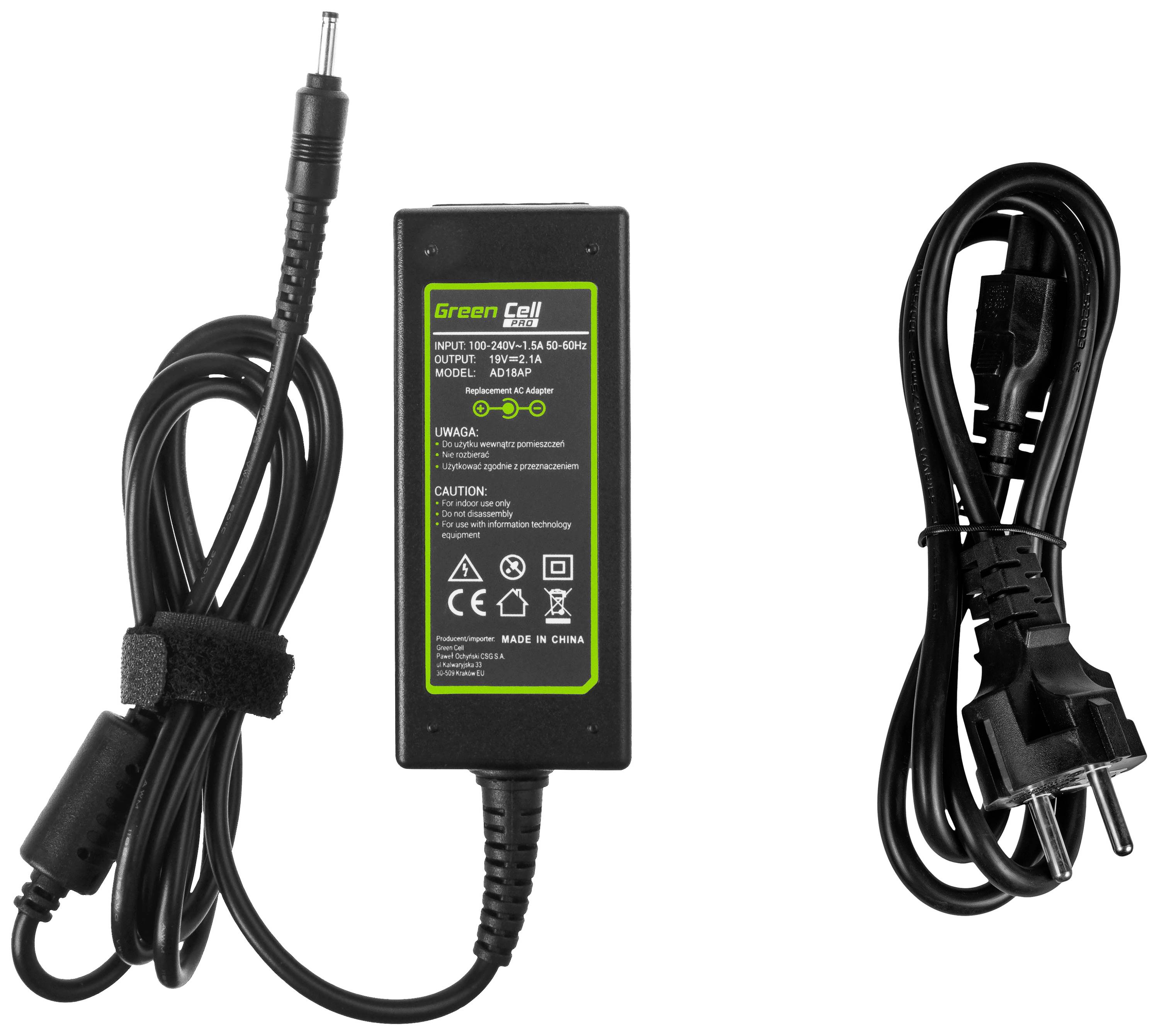 Power supply with cables: On the left, a DC cable with plug, on the right, a mains cable with plug. Manufacturer: Green Cell, specifications on the label.