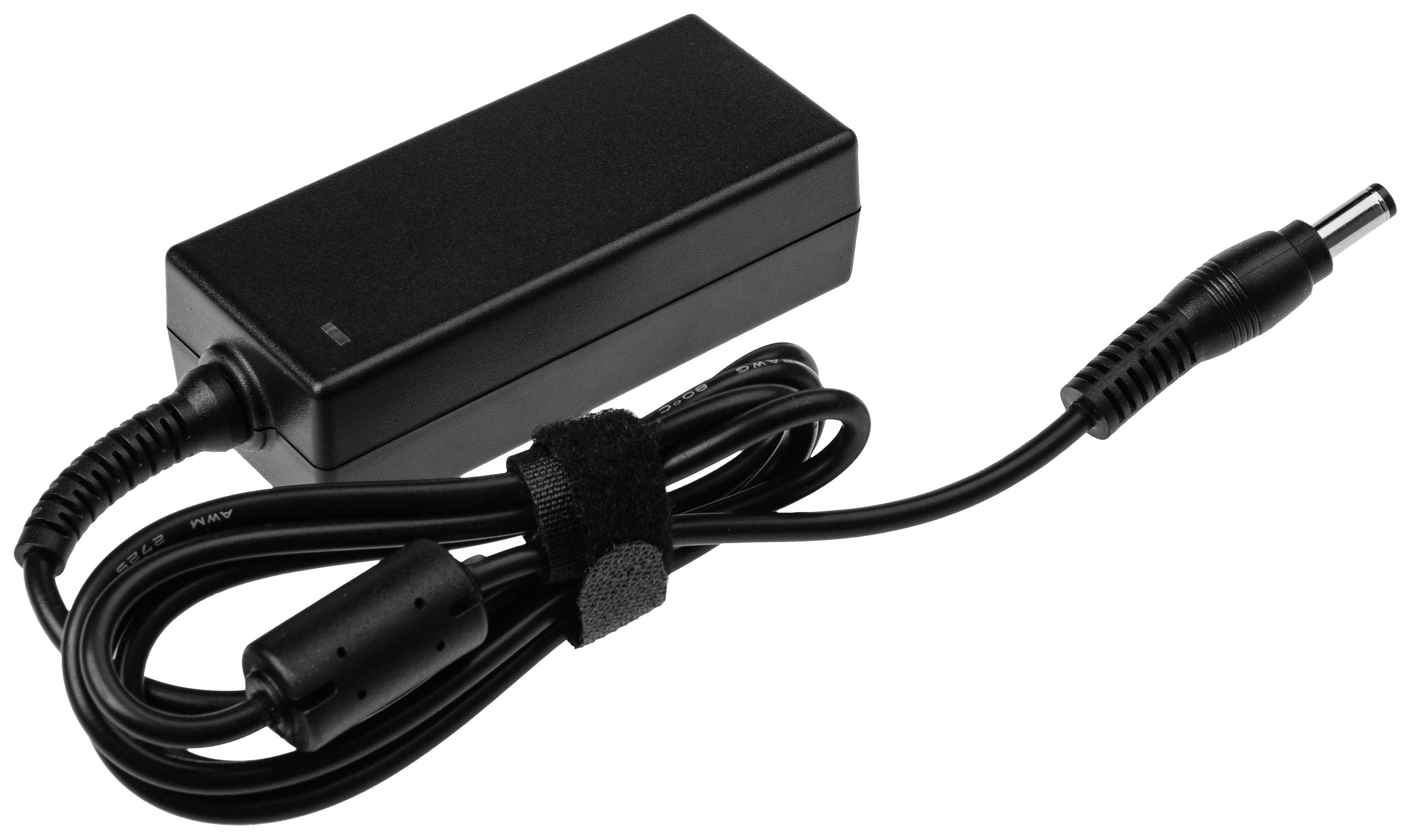 Black laptop power adapter with cable and connector.