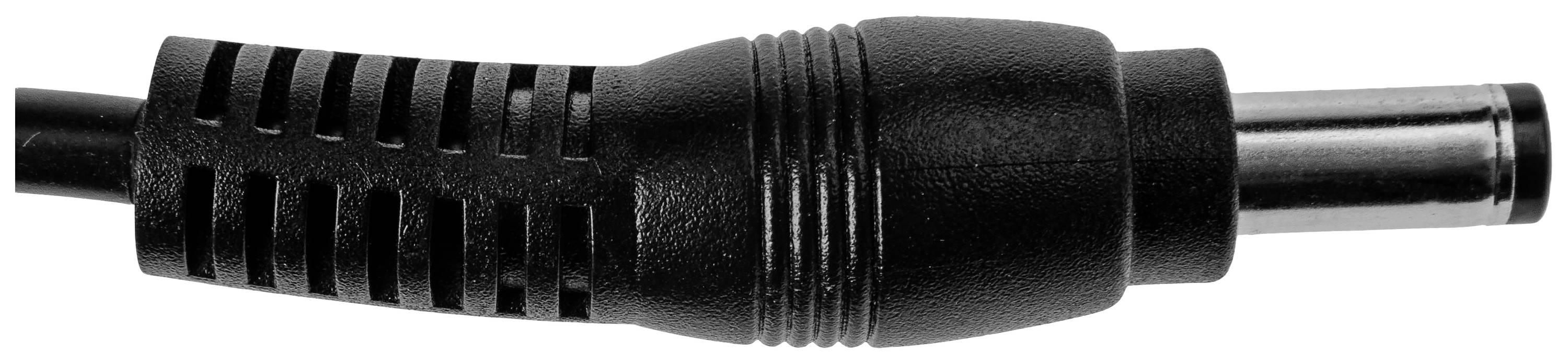 Black DC plug with ribbed structure on white background, used for electronic devices for power supply.