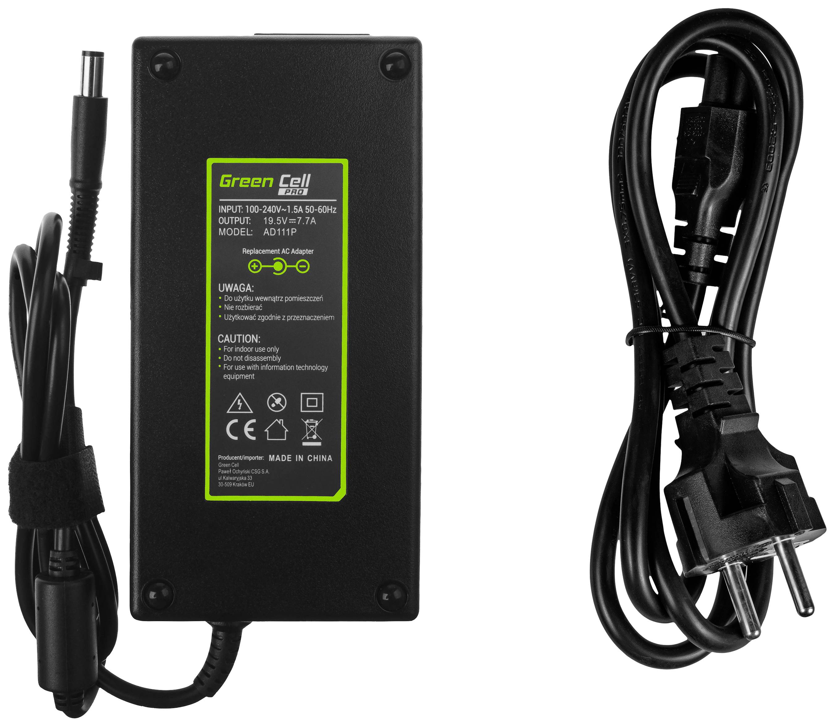 Power supply from Green Cell with technical details on label, including AC cable. Output: 19V, 3.42A. Suitable for laptops.